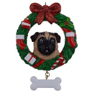 Maxora Personalized Yellow Pug Wreath Ornament