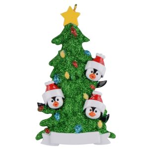 Maxora Personalized Penguin Christmas Tree with Banner Ornament of 3 in Green