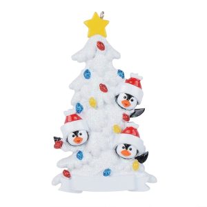 Maxora Personalized Penguin Christmas Tree with Banner Ornament of 3 in white