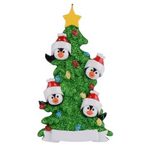 Maxora Personalized Penguin Christmas Tree with Banner Ornament of 4 in Green