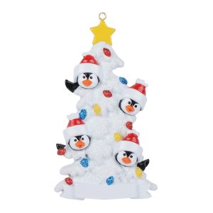Maxora Personalized Penguin Christmas Tree with Banner Ornament of 4 in white
