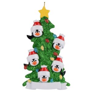 Maxora Personalized Penguin Christmas Tree with Banner Ornament of 5 in Green