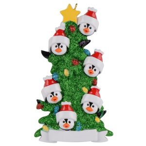 Maxora Personalized Penguin Christmas Tree with Banner Ornament of 6 in Green