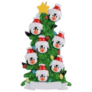Maxora Personalized Penguin Christmas Tree with Banner Ornament of 7 in Green